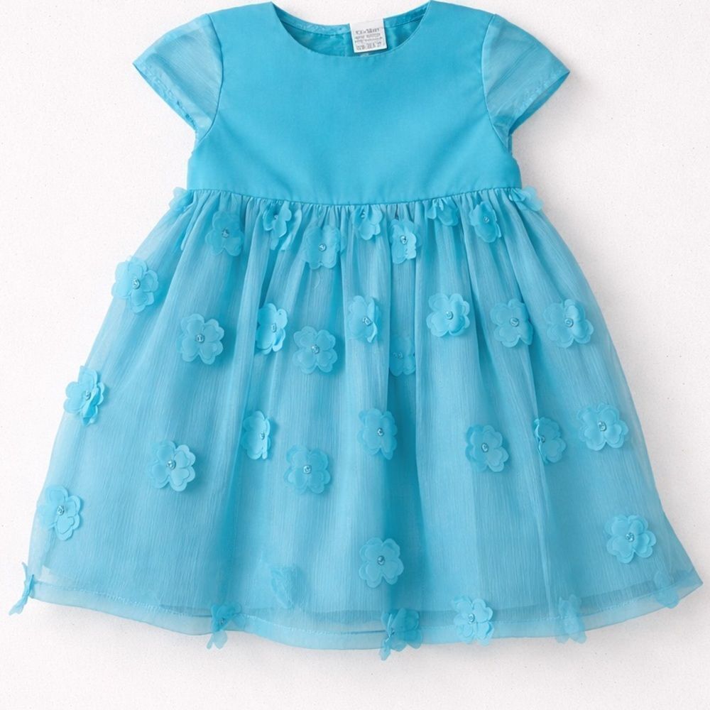 Koala Kids Blue Party Dress with Appliqué Flowers on skirt and cap sleeves